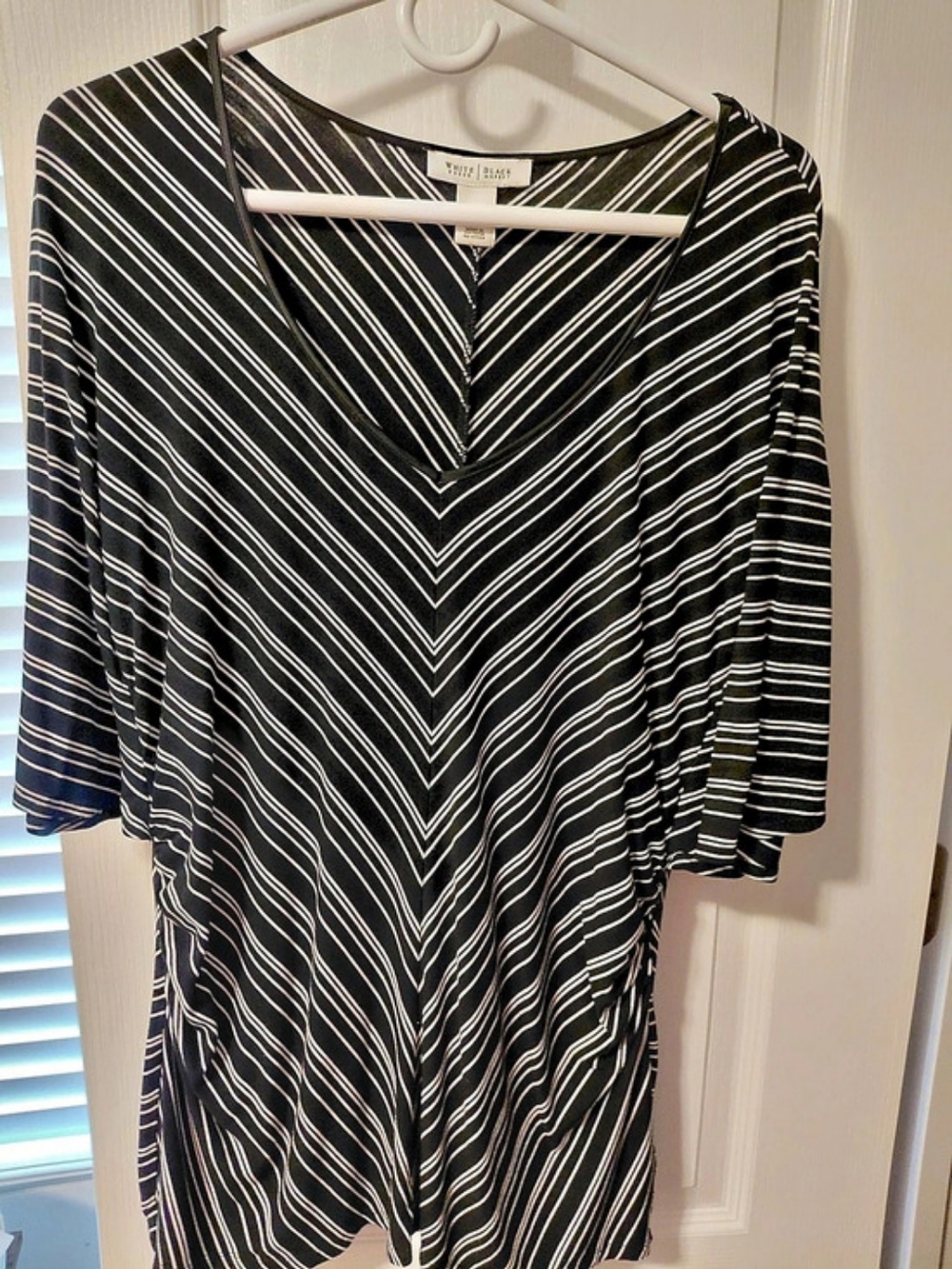 White House Black Market Black & White Striped V-Neck Top